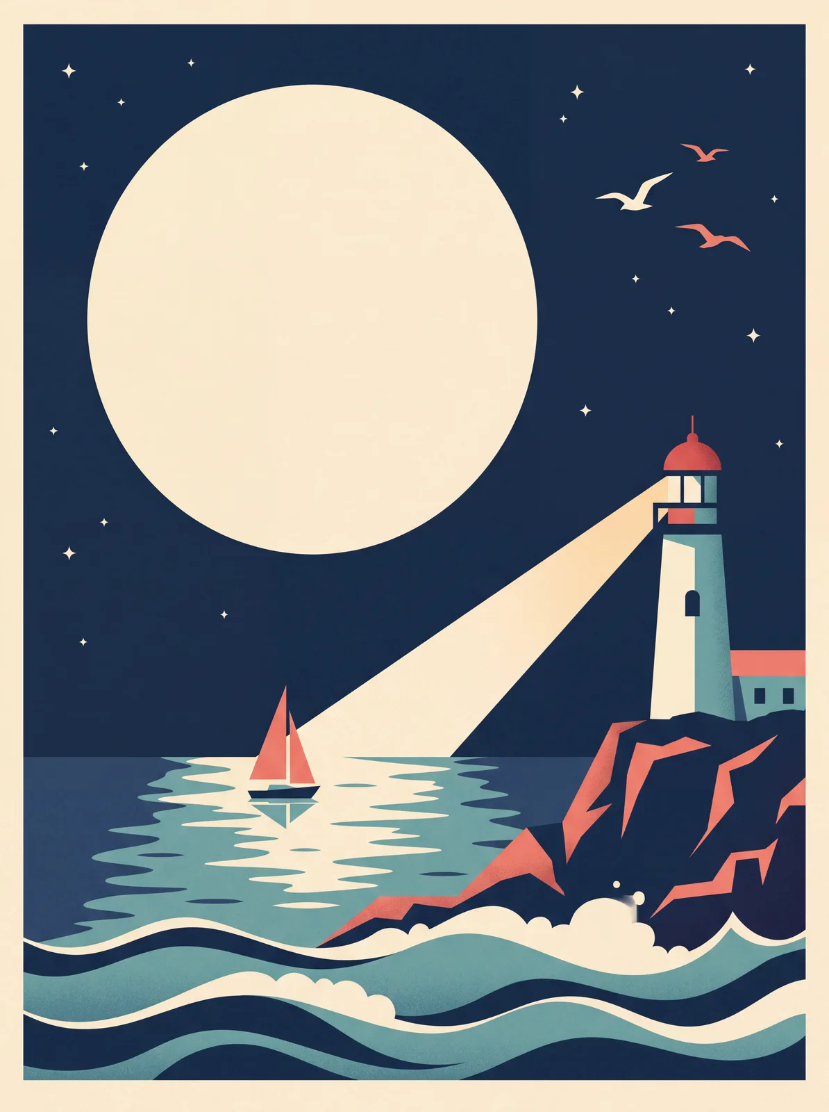 Mid-century travel poster illustration of a lighthouse beam, a giant moon and a coral-sailed boat on a navy sea