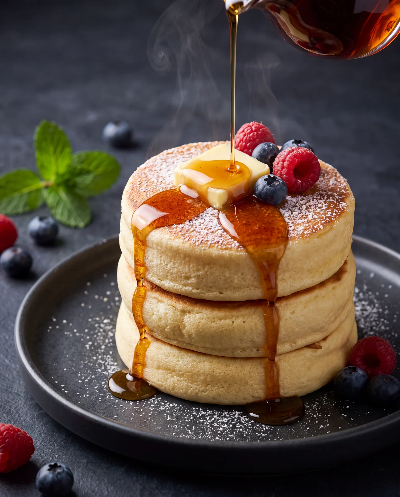Food photograph of a tall stack of soufflé pancakes with butter, berries and maple syrup being poured