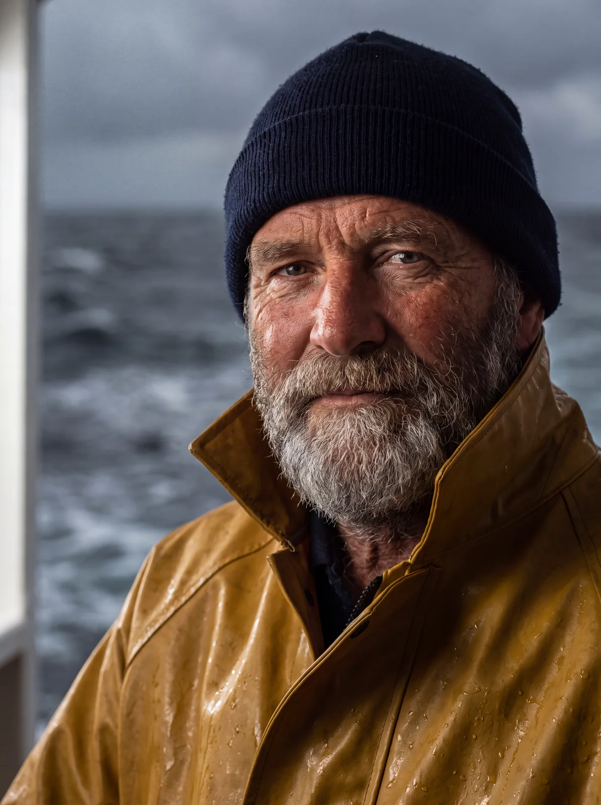 Photo-real portrait of a weathered, bearded fisherman in a wet mustard oilskin and navy knit cap, stormy sea behind him